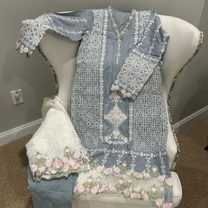 Elegant Blue and White Embroidered Dress Set